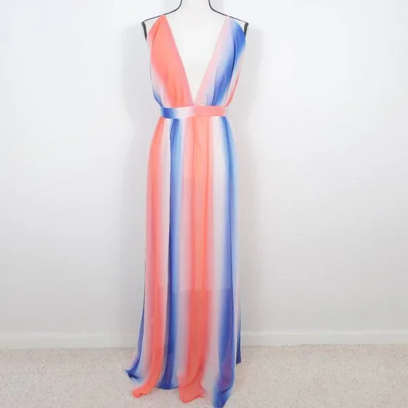 Miamisty Dresses | Miamisty Coral Orange Blue White Ombre Deep V Neck Strappy Size XXL Maxi Dress | Color: Blue/Orange | Size: XXL | Trulyjulee's